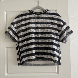 Zara Lace Striped Flower Pattern Short Sleeve Top Size Small